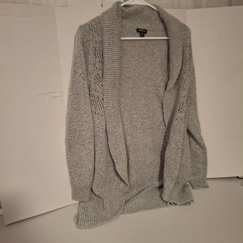 Torrid Womens Grey‎ Open Front Shawl Collar Cardigan Pointelle Detail Size 0 L